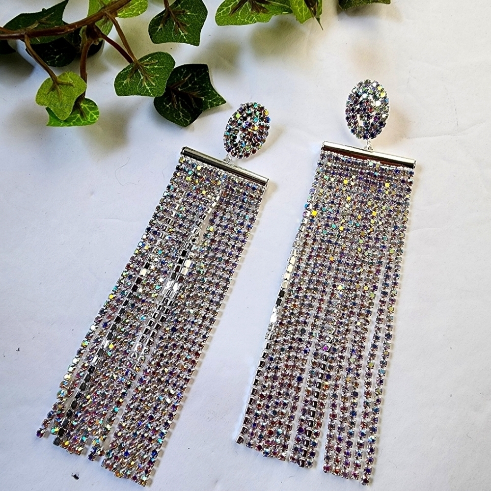 Elegant Iridescent Crystal Full Tassel Earri gs